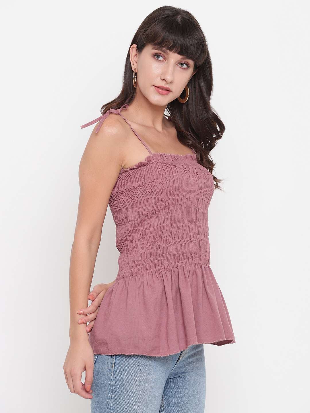 Women's Rayon Solid Casual Summer Style Tie Shoulder Straps Free Size Tank Top (Onion)